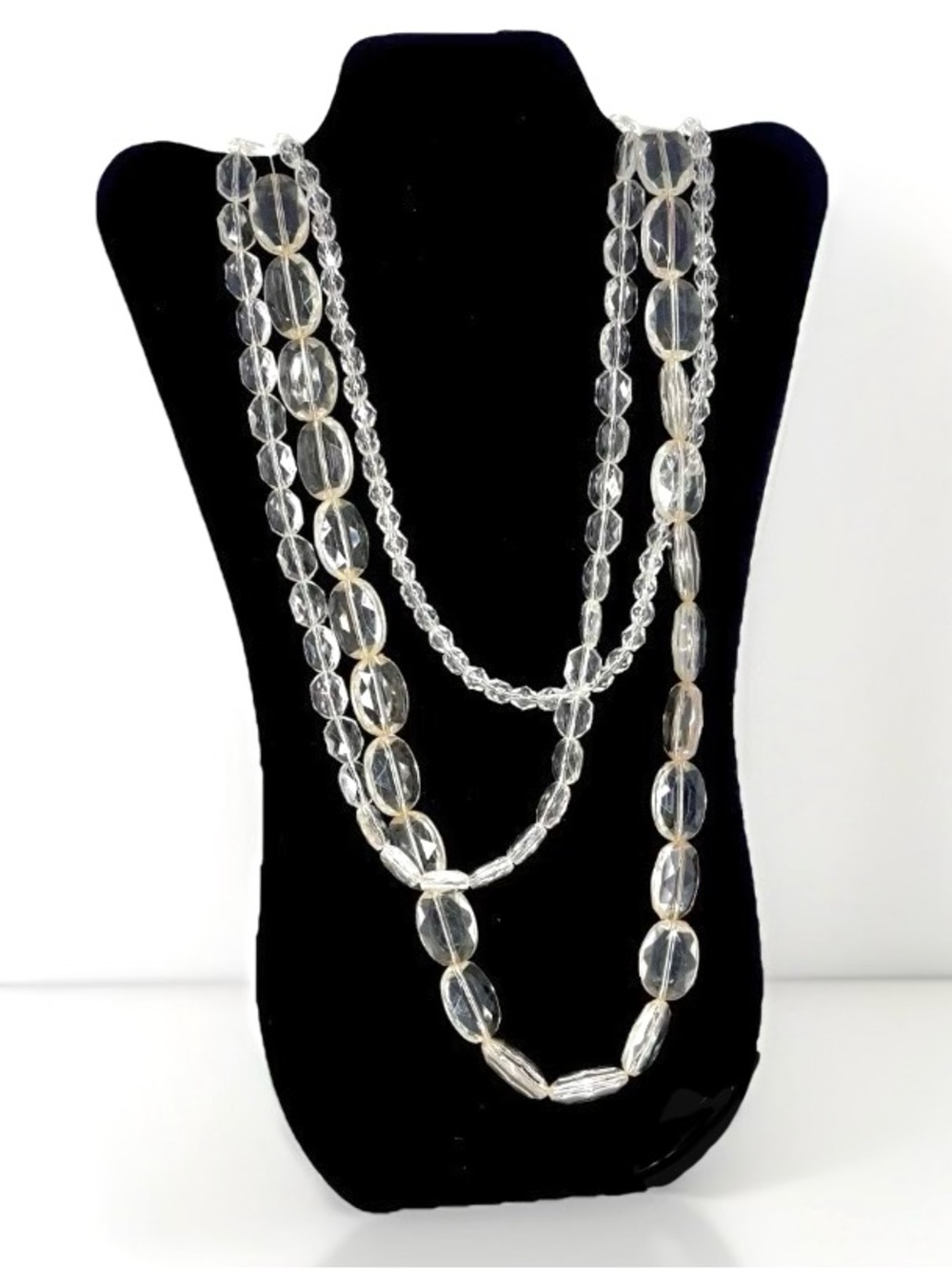Vintage Clear Faceted Crystal Bead Necklace 3 Strand Layered 90s Long 43” Y2K